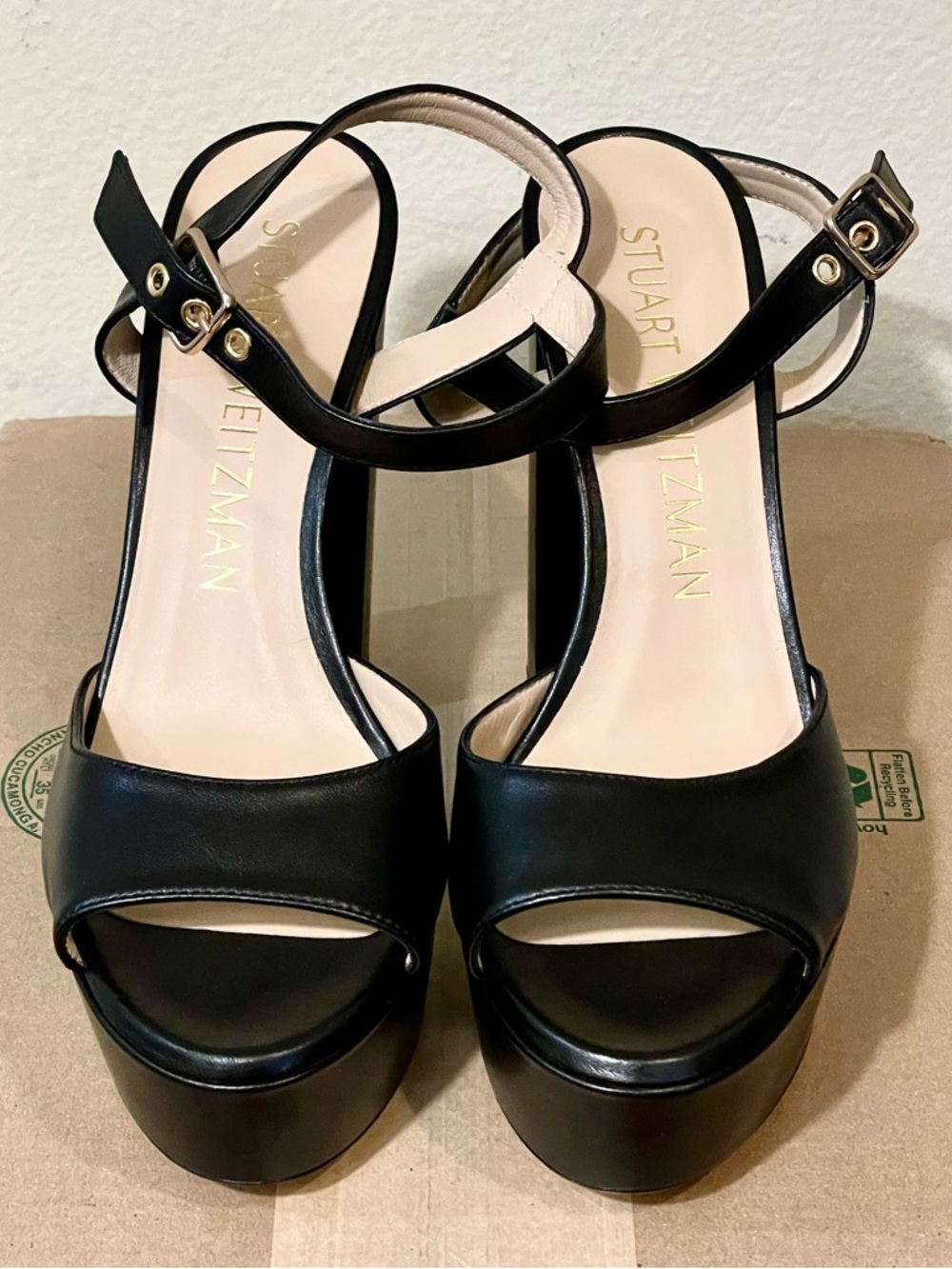 BRAND NEW Stuart Weitzman Black Leather Ryder 95 Platform Sandals Size 9 Medium - Picture 4 of 7